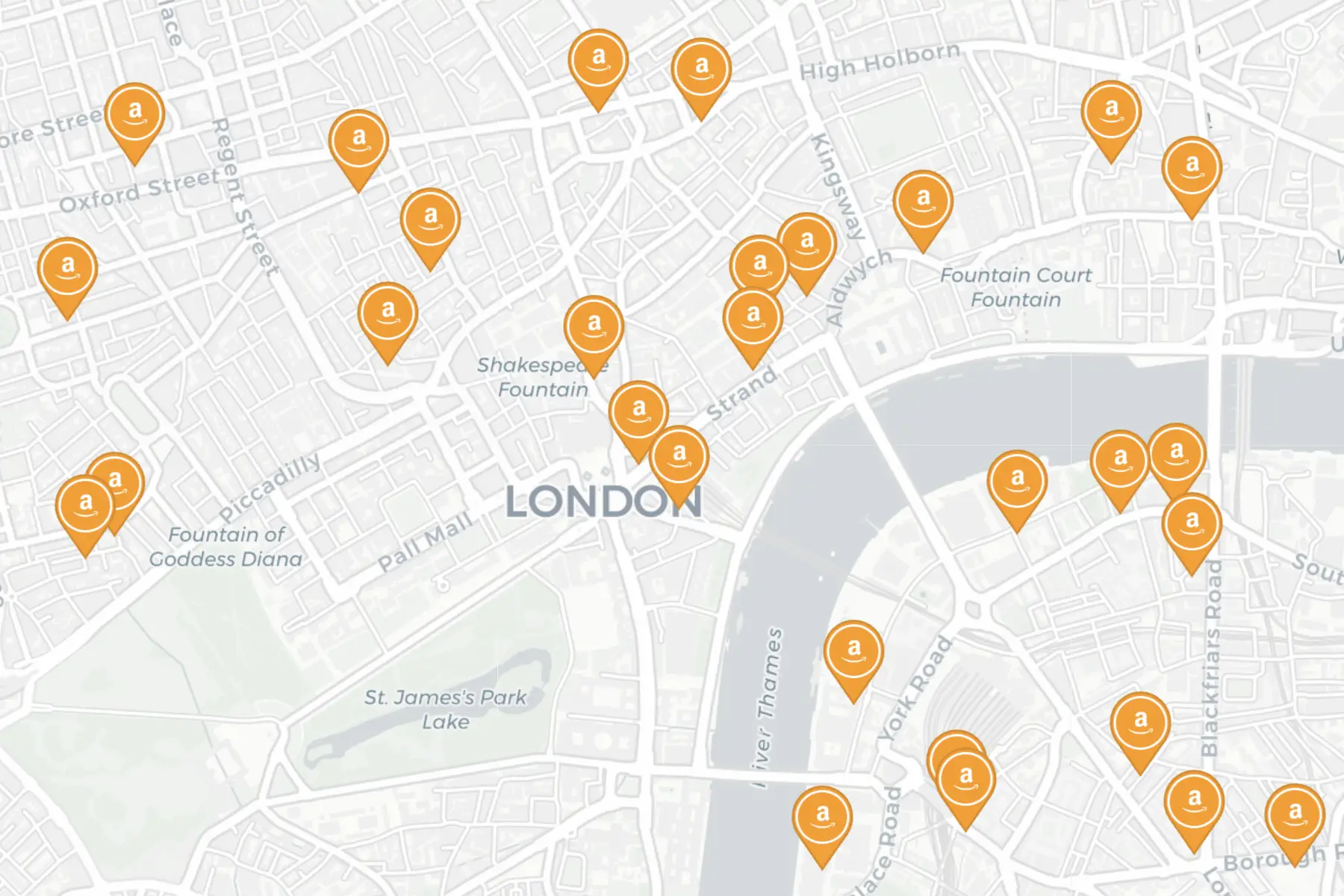 Map of central London showing dense Amazon pickup-point coverage