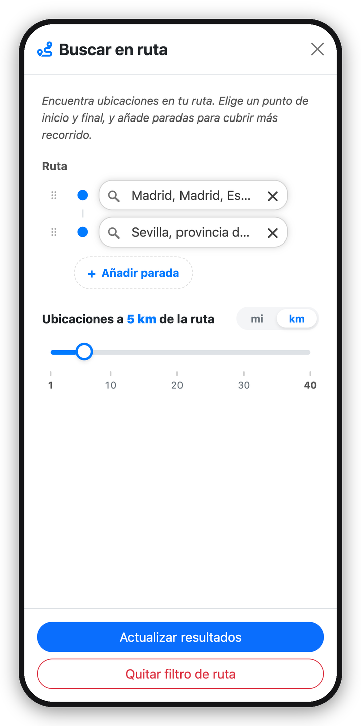 Pantalla «Buscar en ruta» de LockerMap con una ruta de Madrid a Sevilla y el control de distancia en kilómetros