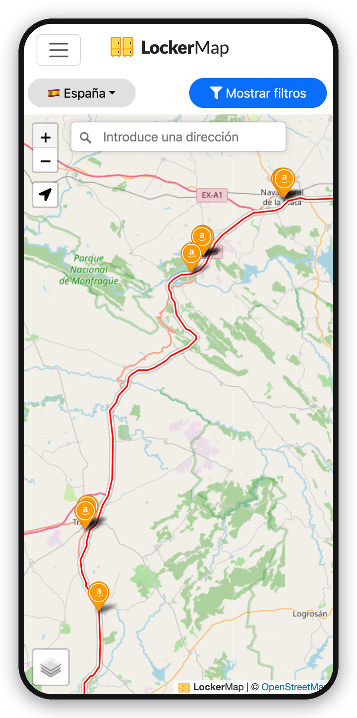 Mapa de LockerMap con los puntos de recogida de Amazon repartidos a lo largo de una ruta