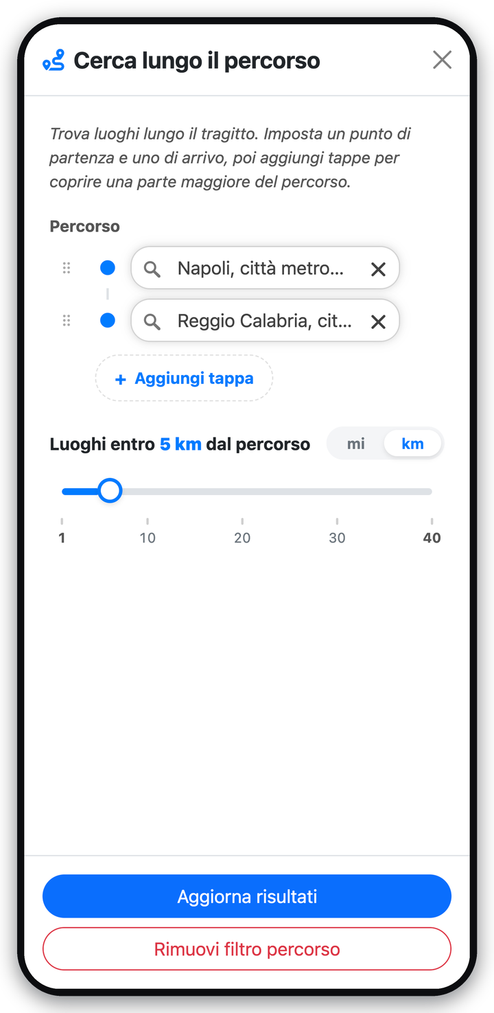 Schermata «Cerca lungo il percorso» di LockerMap con un tragitto da Napoli a Reggio Calabria e il controllo della distanza in chilometri