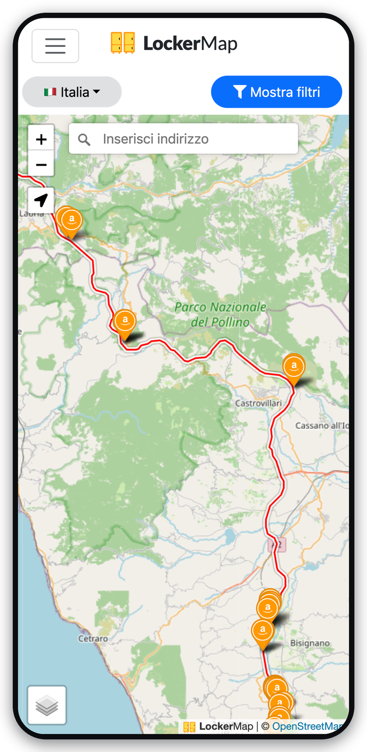 Mappa di LockerMap con i punti di ritiro Amazon distribuiti lungo un percorso
