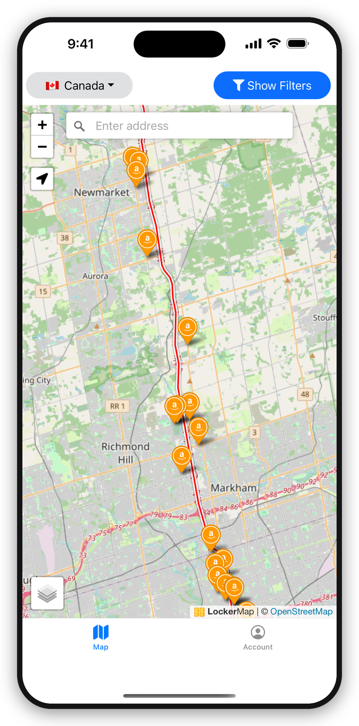 LockerMap app showing a driving route with Amazon pickup points plotted all along it