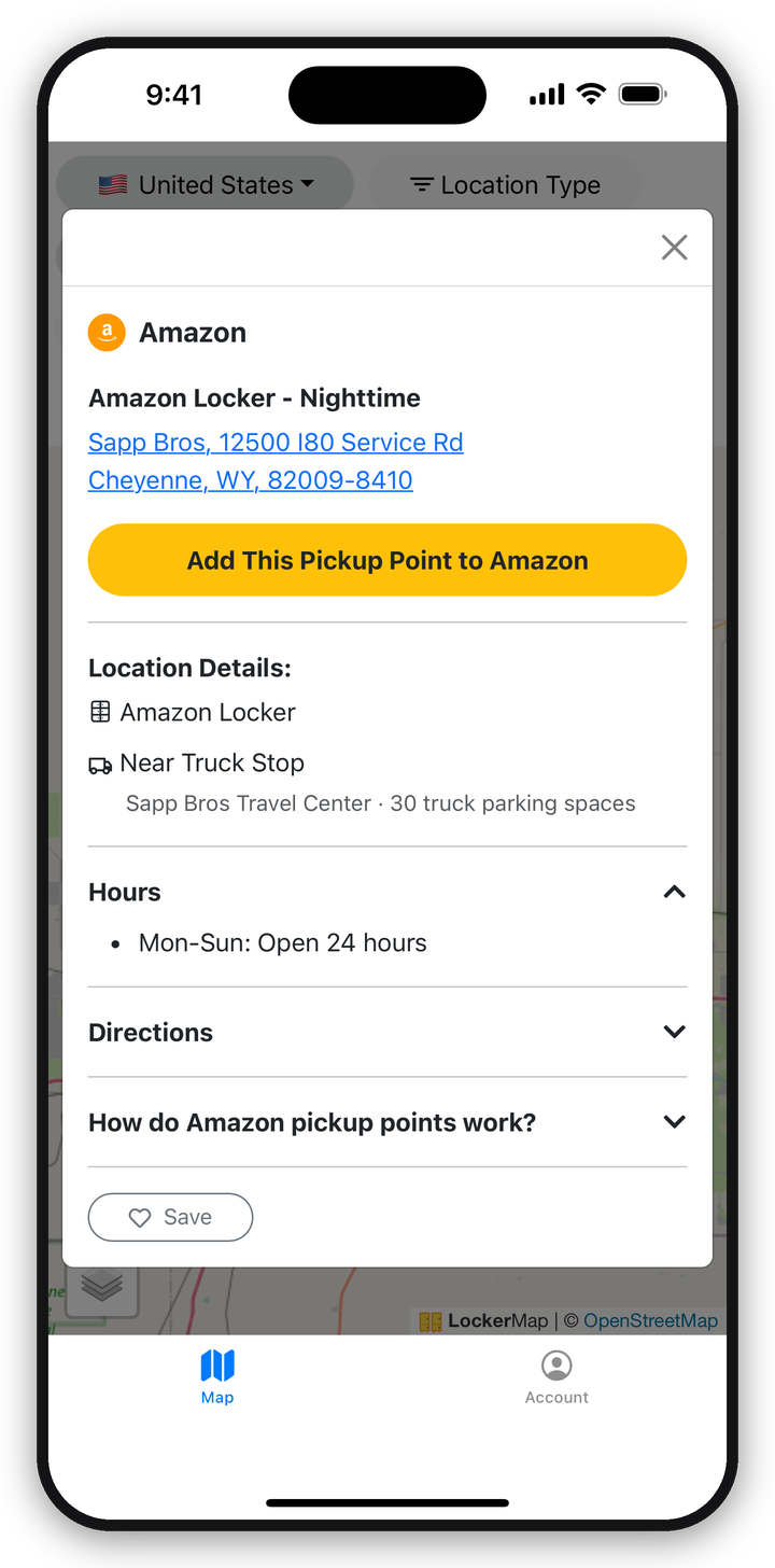 LockerMap app showing an Amazon Locker at Sapp Bros Travel Center, tagged Near Truck Stop with 30 truck parking spaces and open 24 hours
